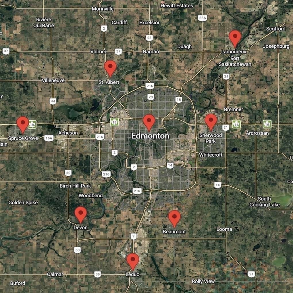 Service area map for New Image Commercial Cleaning Services covering Edmonton, St. Albert, Sherwood Park, Fort Saskatchewan, Spruce Grove, Leduc, Beaumont, and Devon.